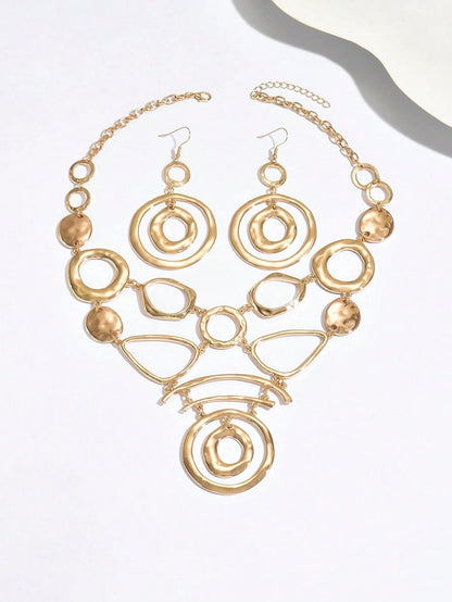2pcs Luxury Metallic Asymmetrical Geometric Hollow Circular & V-Shaped Necklace And Earrings Set, Elegant For Party, Formal Occasions And Daily Wear