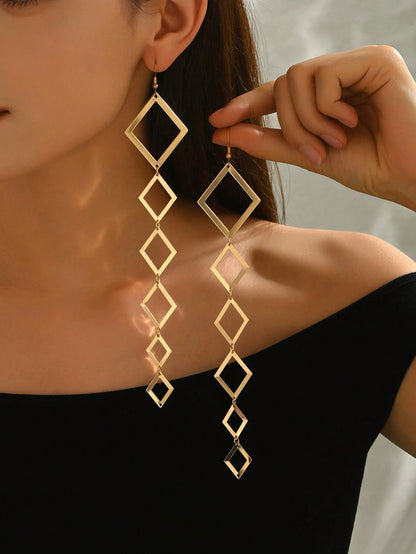 1 par de pendientes con borlas de polígono geométrico creativo para mujeres, joyas de metal exageradas y personalizadas de moda, adecuadas para uso diario, casual, estilo callejero, vacaciones