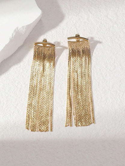 1 Pair Fashionable Minimalist Long Tassel Gold-Tone Elegant Earrings