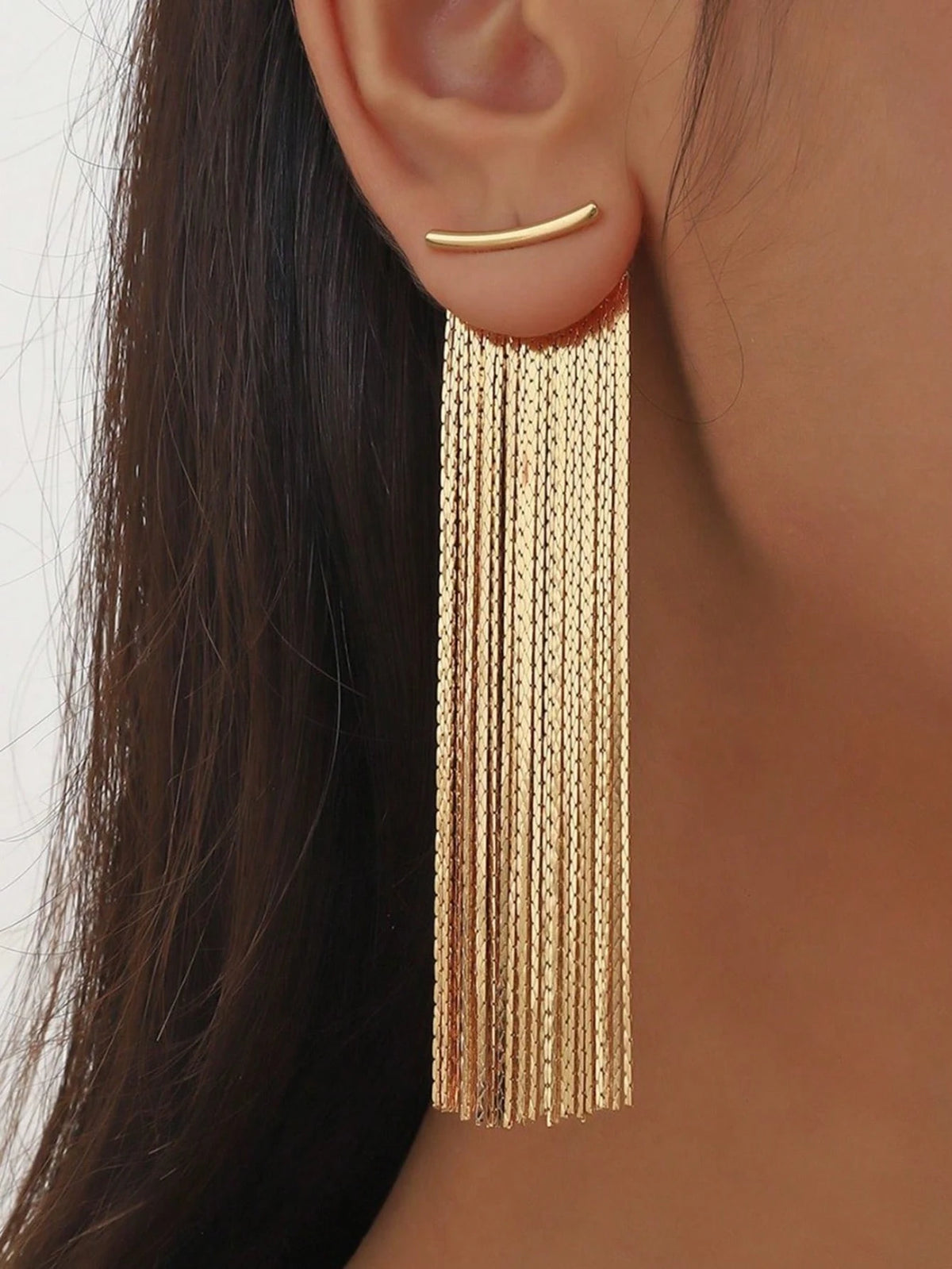 1 Pair Fashionable Minimalist Long Tassel Gold-Tone Elegant Earrings