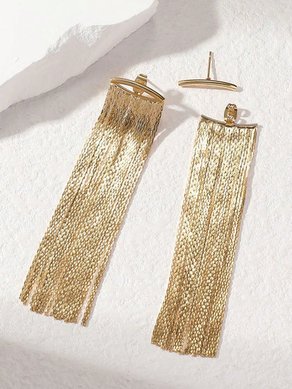 1 Pair Fashionable Minimalist Long Tassel Gold-Tone Elegant Earrings