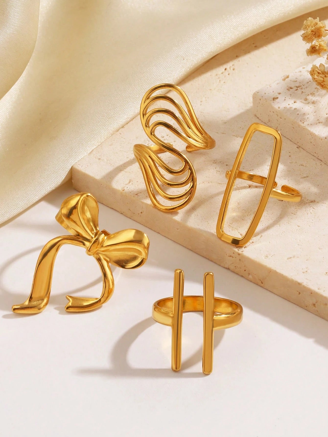 4pcs/Set Stainless Steel 18K Gold Plated Minimalist Geometric Line & Bow Knot Open Rings, Suitable For Women's Daily Wear