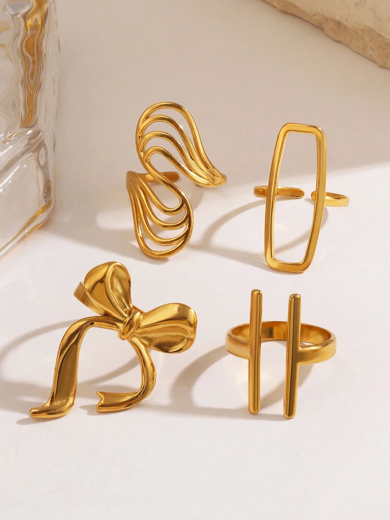 4pcs/Set Stainless Steel 18K Gold Plated Minimalist Geometric Line & Bow Knot Open Rings, Suitable For Women's Daily Wear