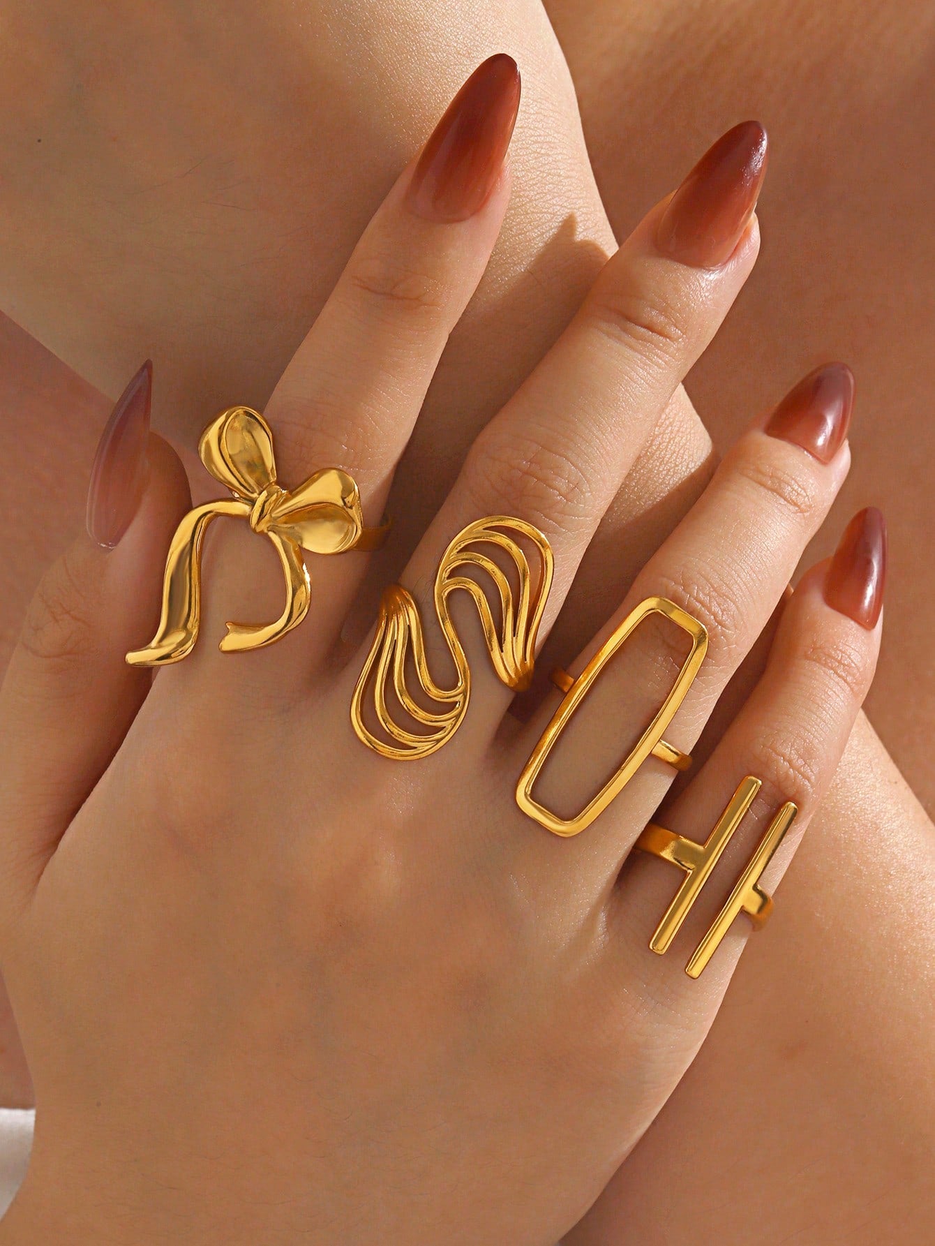 4pcs/Set Stainless Steel 18K Gold Plated Minimalist Geometric Line & Bow Knot Open Rings, Suitable For Women's Daily Wear