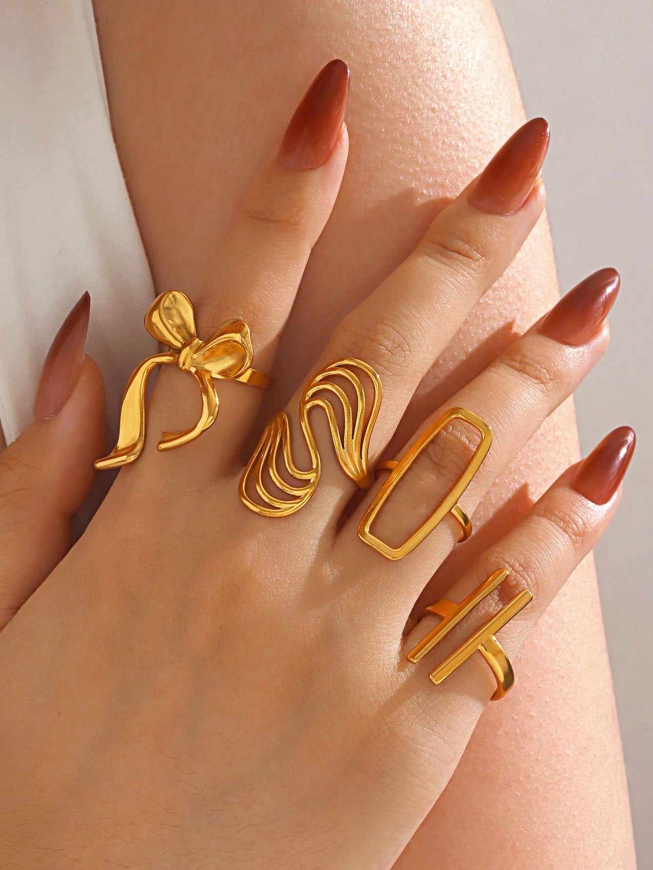 4pcs/Set Stainless Steel 18K Gold Plated Minimalist Geometric Line & Bow Knot Open Rings, Suitable For Women's Daily Wear