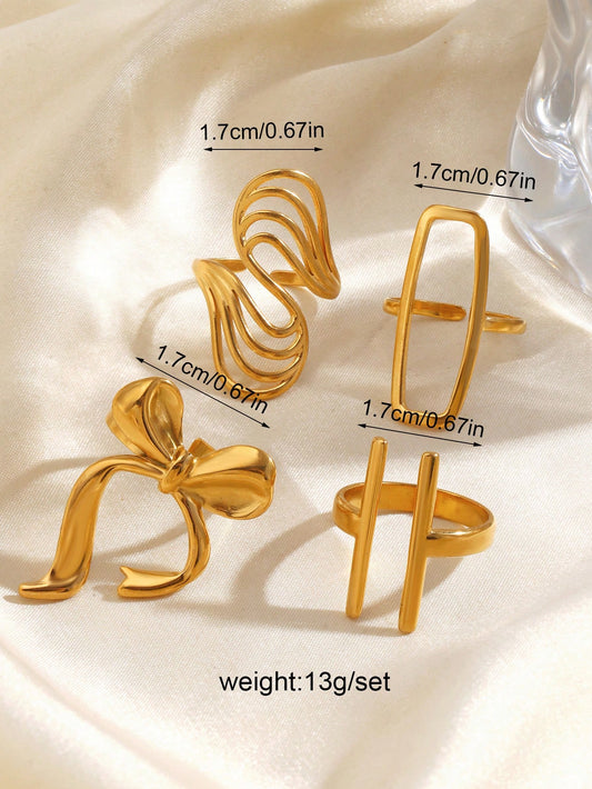 4pcs/Set Stainless Steel 18K Gold Plated Minimalist Geometric Line & Bow Knot Open Rings, Suitable For Women's Daily Wear