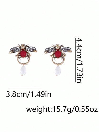 1 Pair Elegant Alloy Insect Bee & Water Drop Faux Pearl Dangle Earrings For Women