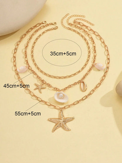 Set de 3 collares con colgantes de concha natural, concha marina y estrella de mar en estilo de vacaciones de verano para mujeres, adecuado para playa y vacaciones junto al mar. Los patrones y tamaños de la superficie de concha natural y concha marina son aleatorios.