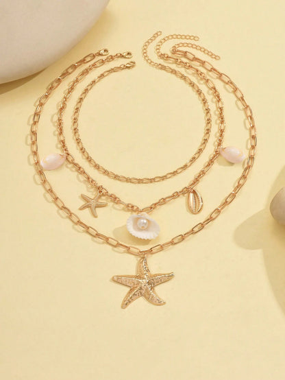 Set de 3 collares con colgantes de concha natural, concha marina y estrella de mar en estilo de vacaciones de verano para mujeres, adecuado para playa y vacaciones junto al mar. Los patrones y tamaños de la superficie de concha natural y concha marina son aleatorios.