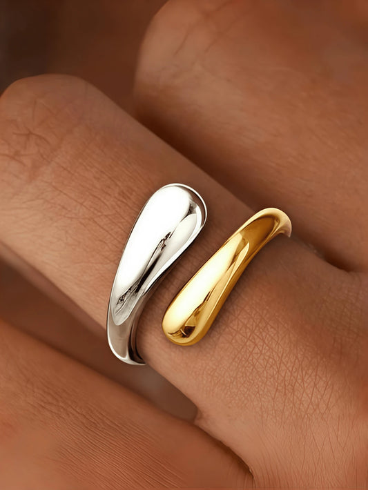1pc 18K Gold Plated Stainless Steel Adjustable Open Ring, Teardrop Colorblock Design, Elegant Jewelry Gift, Bohemian Style