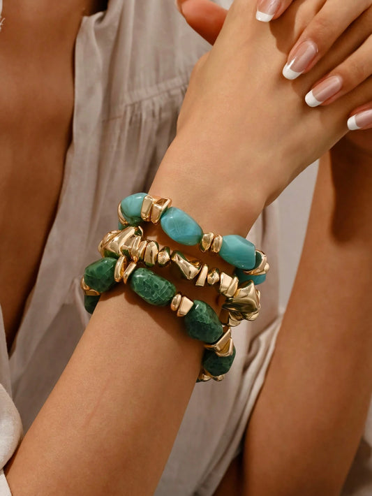 Vintage Boho 3-Piece Chunky Acrylic Beaded Bracelet Set Brown