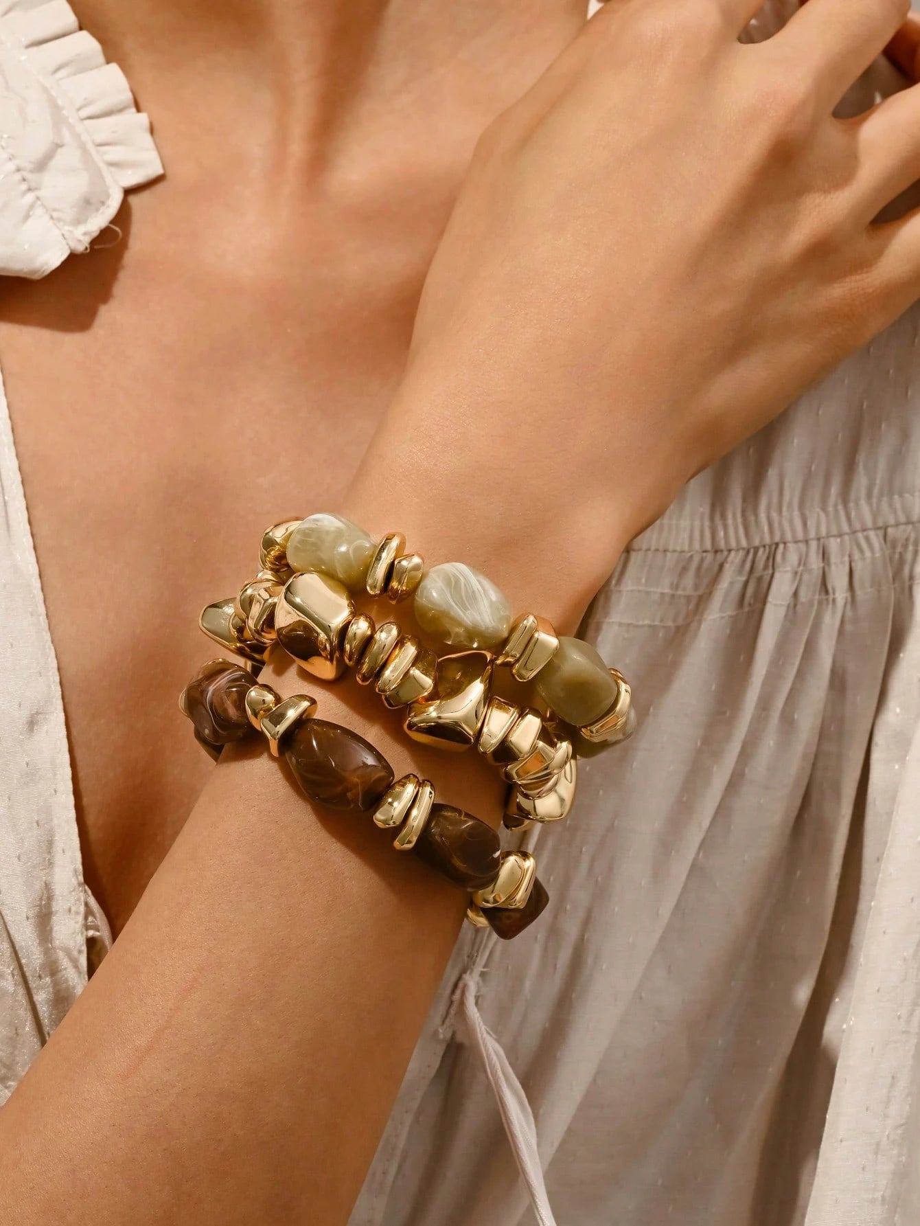 3pcs/Set Fashion Vintage Exaggerated Bohemian Thick Multi-Layer Brown Acrylic Beaded Bracelet For Women, Boho Chic