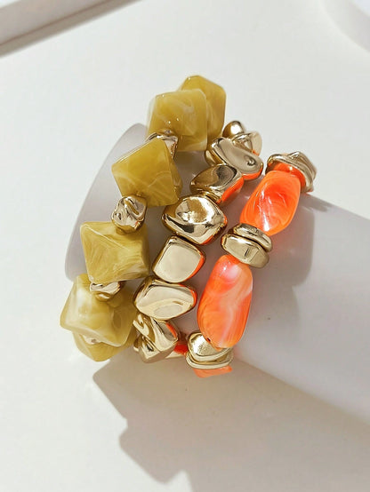 LADYCOCO 3pcs Vintage Thick Chunky Acrylic Beaded Multilayer Bracelet, Transformable Gold Chip Bracelet, Suitable For Women, Couples, Party, Daily Wear