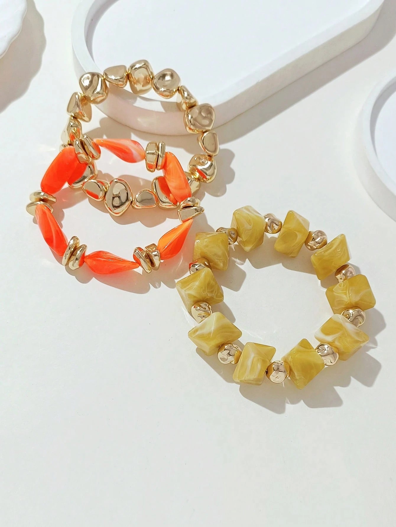 LADYCOCO 3pcs Vintage Thick Chunky Acrylic Beaded Multilayer Bracelet, Transformable Gold Chip Bracelet, Suitable For Women, Couples, Party, Daily Wear