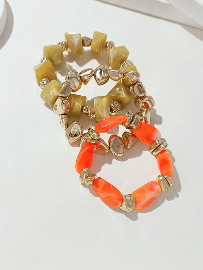 LADYCOCO 3pcs Vintage Thick Chunky Acrylic Beaded Multilayer Bracelet, Transformable Gold Chip Bracelet, Suitable For Women, Couples, Party, Daily Wear