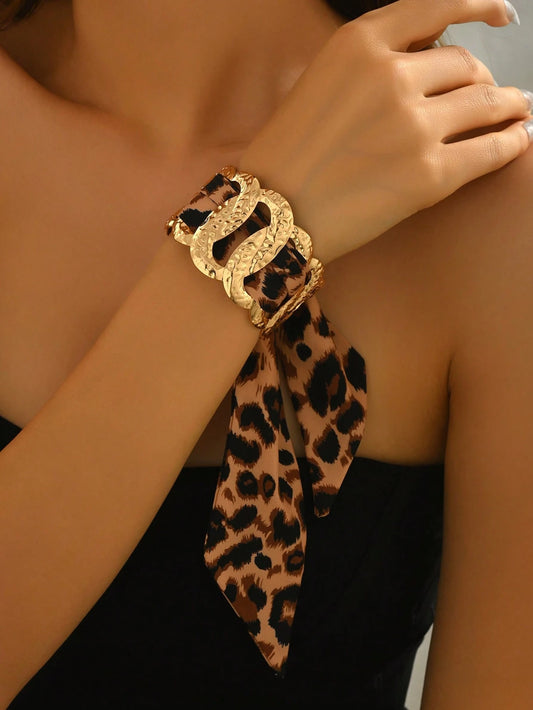 1 pieza Brazalete de mujer con estampado de leopardo y flecos, estilo retro metálico de moda, adecuado para uso diario, fiesta y accesorios de vacaciones