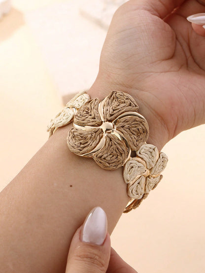 1pc Handmade Exaggerated Floral Paper Yarn Woven Bracelet, Fashionable & Versatile, Suitable For Vacation, Party And Daily Wear