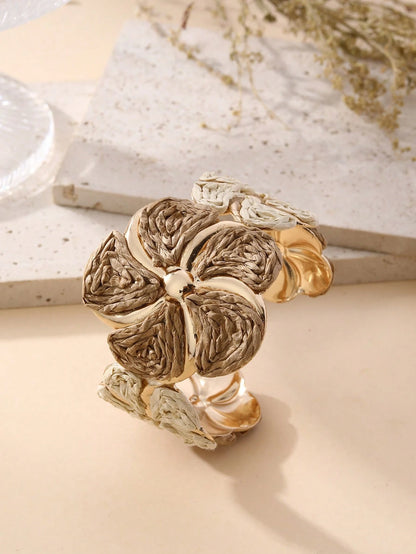 1pc Handmade Exaggerated Floral Paper Yarn Woven Bracelet, Fashionable & Versatile, Suitable For Vacation, Party And Daily Wear