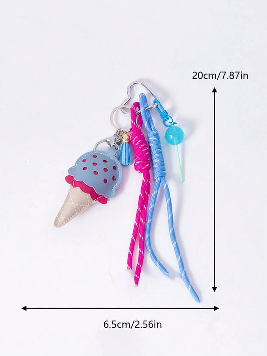 Yogodlns Women's Niche Leather Ice Cream Pendant Mini Tassel New Car Keychain, Simple Fashion Fun Hanging Accessory, Yellow Ice Cream Keychain