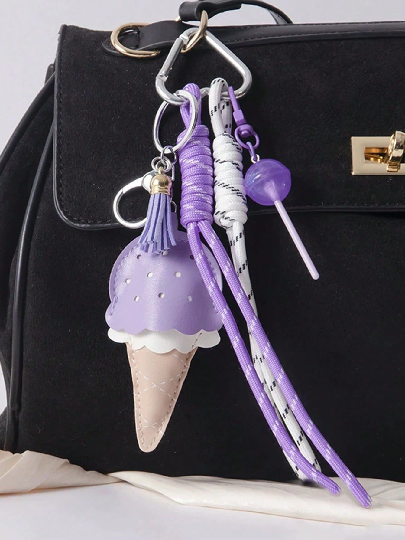 Yogodlns Women's Niche Leather Ice Cream Pendant Mini Tassel New Car Keychain, Simple Fashion Fun Hanging Accessory, Yellow Ice Cream Keychain