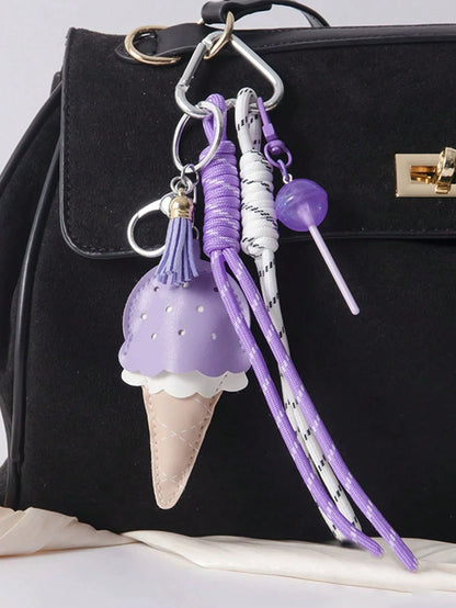 Yogodlns Women's Niche Leather Ice Cream Pendant Mini Tassel New Car Keychain, Simple Fashion Fun Hanging Accessory, Yellow Ice Cream Keychain