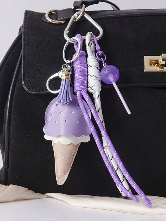 Yogodlns Women's Niche Leather Ice Cream Pendant Mini Tassel New Car Keychain, Simple Fashion Fun Hanging Accessory, Yellow Ice Cream Keychain