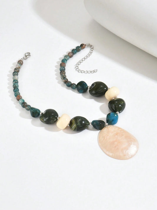 1pc Or Multiple Elegant Fashion Bohemian All-Season Beach Vacation Party Necklace Green Brown Beige Resin DIY Handmade Beaded Amber Plastic Beads Faux Jade Resin Pattern Large Pendant Necklace Suitable For Women Jewelry Layering Necklace Set Plastic Block Pattern Each Bead Unique