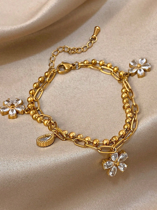 1pc 18K Gold Plated Stainless Steel Luxury Floral Layered Flower Pendant Dual Chain Bracelet, Elegant Gift For Women, Suitable For Christmas, Carnival, Winter Jewelry, Wedding, Prom/Party/Daily Accessories, Anniversary, Valentine's Day, Boho Jewelry, Bridesmaid Gift