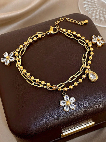 1pc 18K Gold Plated Stainless Steel Luxury Floral Layered Flower Pendant Dual Chain Bracelet, Elegant Gift For Women, Suitable For Christmas, Carnival, Winter Jewelry, Wedding, Prom/Party/Daily Accessories, Anniversary, Valentine's Day, Boho Jewelry, Bridesmaid Gift