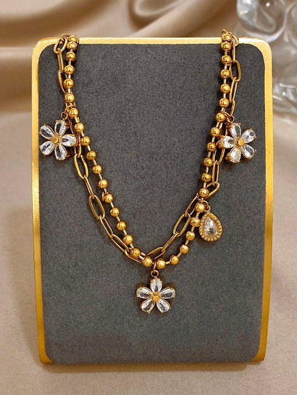 1pc 18K Gold Plated Stainless Steel Luxury Floral Layered Flower Pendant Dual Chain Bracelet, Elegant Gift For Women, Suitable For Christmas, Carnival, Winter Jewelry, Wedding, Prom/Party/Daily Accessories, Anniversary, Valentine's Day, Boho Jewelry, Bridesmaid Gift