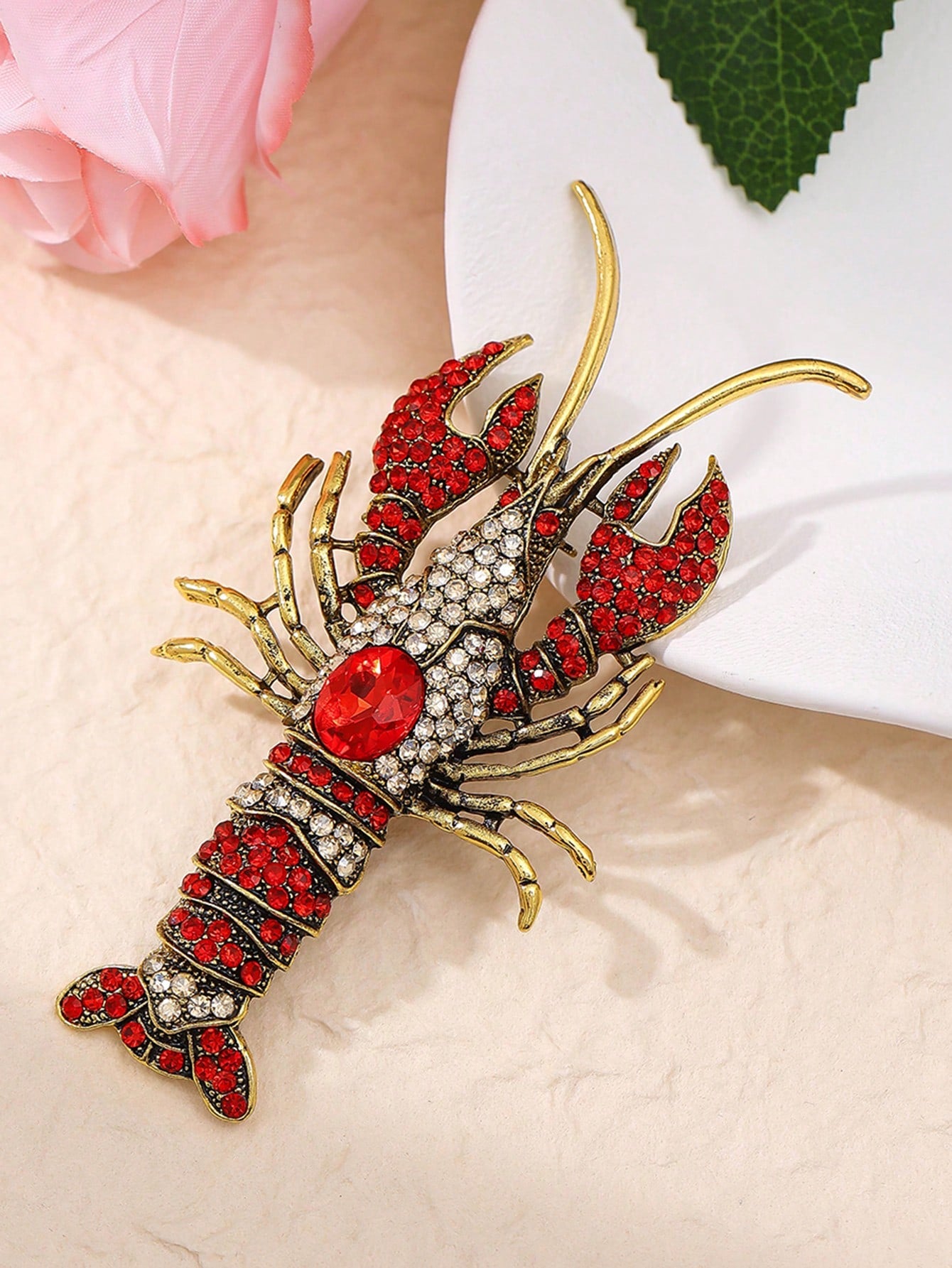 Vintage Rhinestone Lobster Brooch, Luxurious Chest Flower Pin, Retro Fully Studded Animal Jewelry Accessory