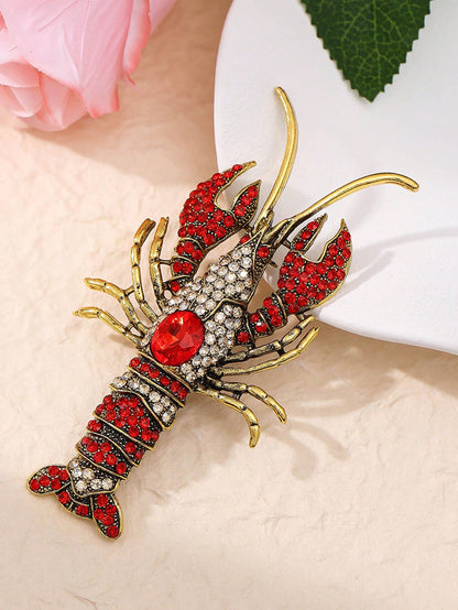Vintage Rhinestone Lobster Brooch, Luxurious Chest Flower Pin, Retro Fully Studded Animal Jewelry Accessory