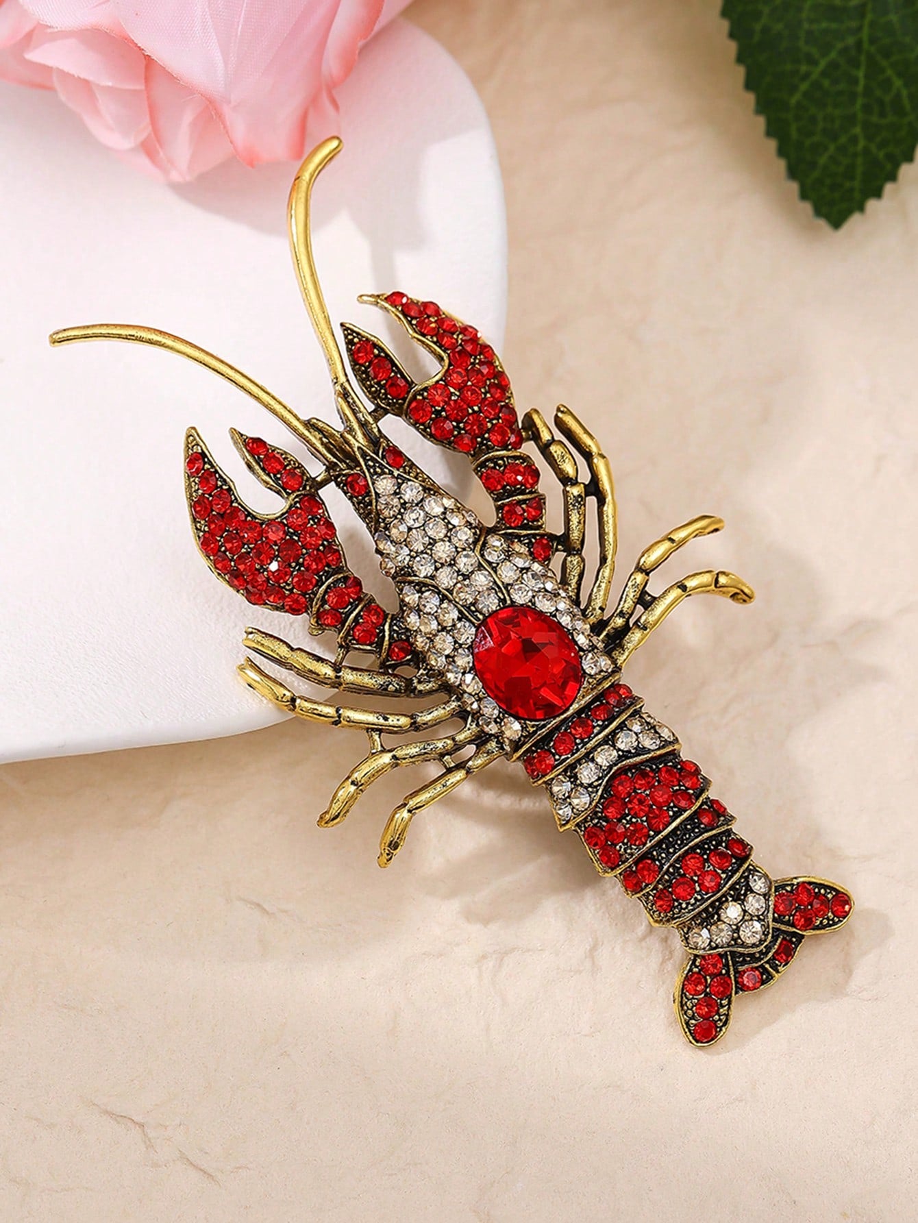 Vintage Rhinestone Lobster Brooch, Luxurious Chest Flower Pin, Retro Fully Studded Animal Jewelry Accessory