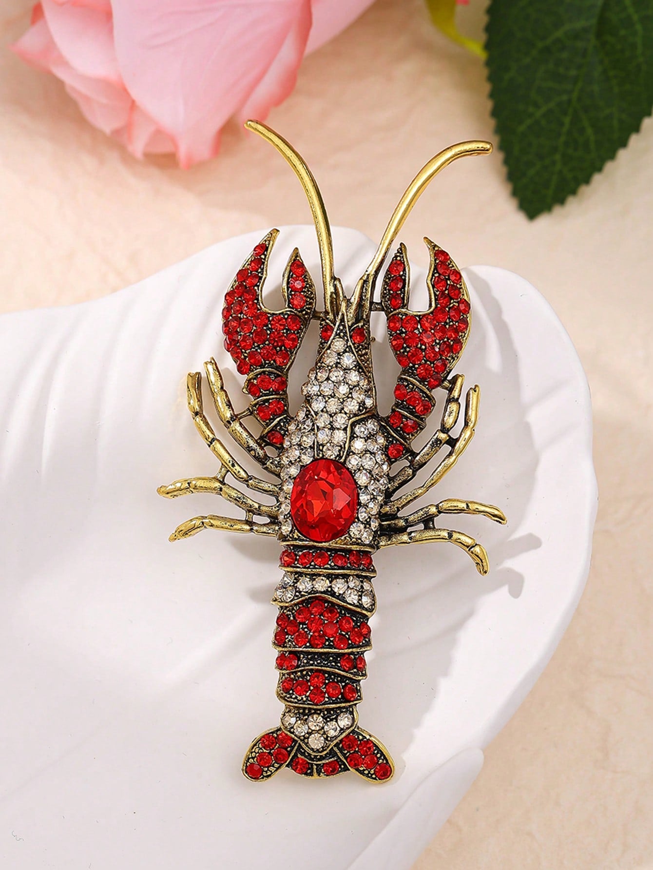 Vintage Rhinestone Lobster Brooch, Luxurious Chest Flower Pin, Retro Fully Studded Animal Jewelry Accessory