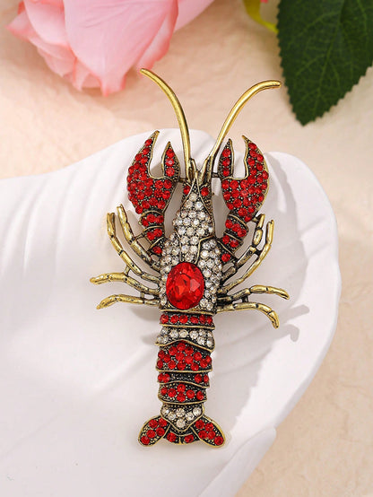 Vintage Rhinestone Lobster Brooch, Luxurious Chest Flower Pin, Retro Fully Studded Animal Jewelry Accessory
