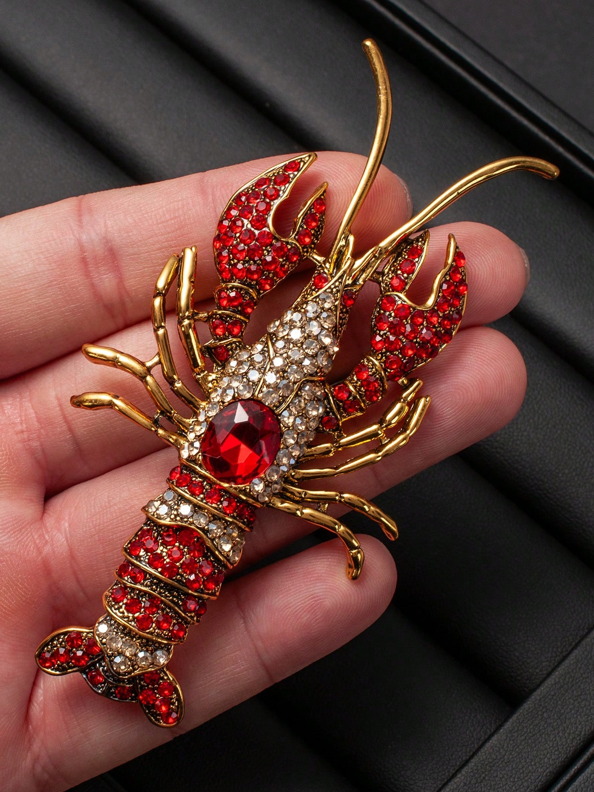 Vintage Rhinestone Lobster Brooch, Luxurious Chest Flower Pin, Retro Fully Studded Animal Jewelry Accessory