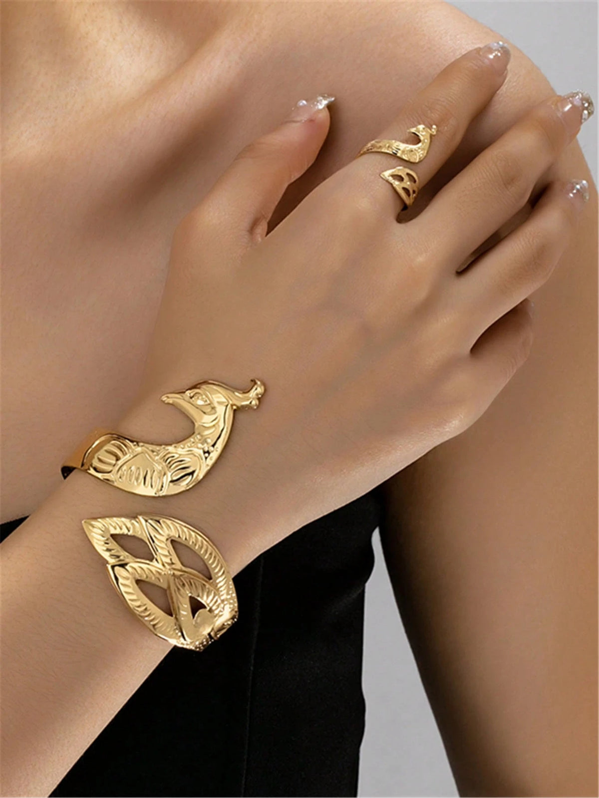 2pcs/3pcs Set Fashion Peacock Phoenix Wedding Bridal Jewelry Set, Open Bangle Bracelet, Ring, Necklace, Earrings, Exquisite Metal Gold/Silver Color Adjustable Jewelry Set For Women