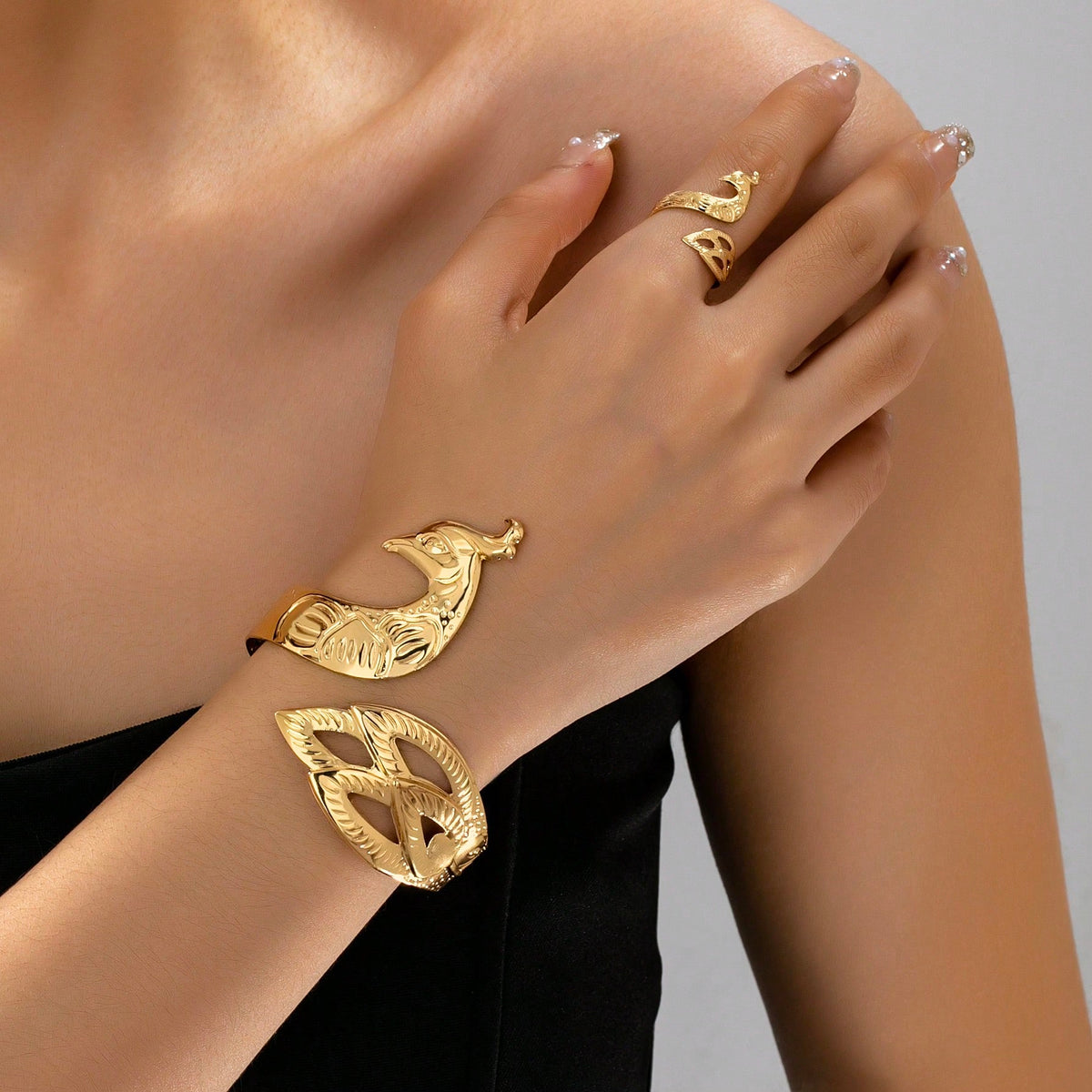 2pcs/3pcs Set Fashion Peacock Phoenix Wedding Bridal Jewelry Set, Open Bangle Bracelet, Ring, Necklace, Earrings, Exquisite Metal Gold/Silver Color Adjustable Jewelry Set For Women