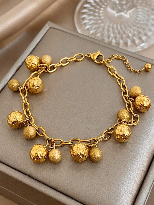 1 pieza Pulsera de cadena de lujo de acero inoxidable con decoración de bola cepillada y martillada vintage, estilo bohemio de vacaciones de verano para mujer, regalo para mamá, uso diario, fiesta, cumpleaños, Día de San Valentín