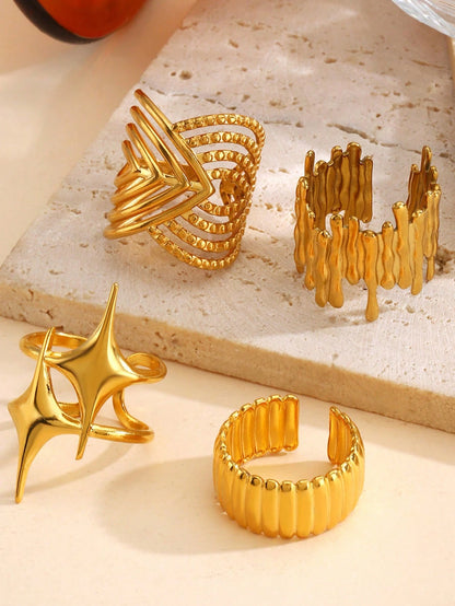 4pcs Fashion Stainless Steel 18K Gold Plated Old Money Style Geometric Star Line Ring Set Suitable For Women's Daily Wear