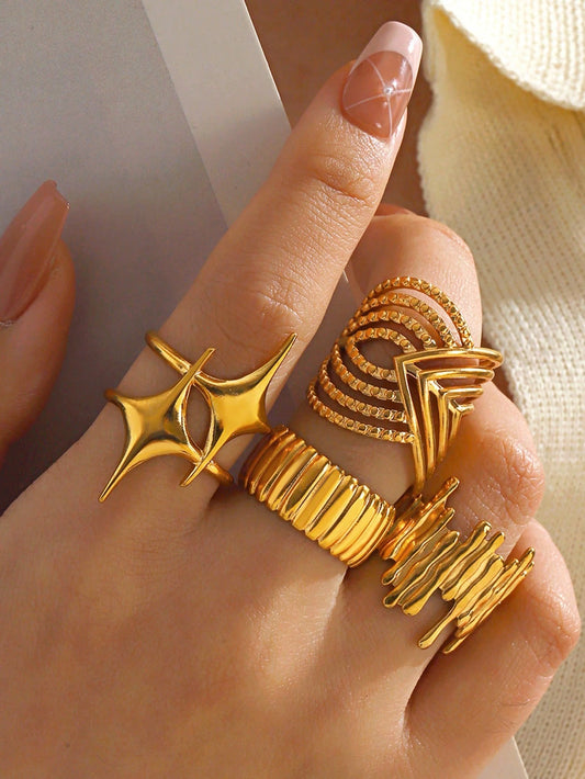 4pcs Fashion Stainless Steel 18K Gold Plated Old Money Style Geometric Star Line Ring Set Suitable For Women's Daily Wear