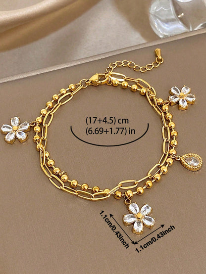 1pc 18K Gold Plated Stainless Steel Luxury Floral Layered Flower Pendant Dual Chain Bracelet, Elegant Gift For Women, Suitable For Christmas, Carnival, Winter Jewelry, Wedding, Prom/Party/Daily Accessories, Anniversary, Valentine's Day, Boho Jewelry, Bridesmaid Gift