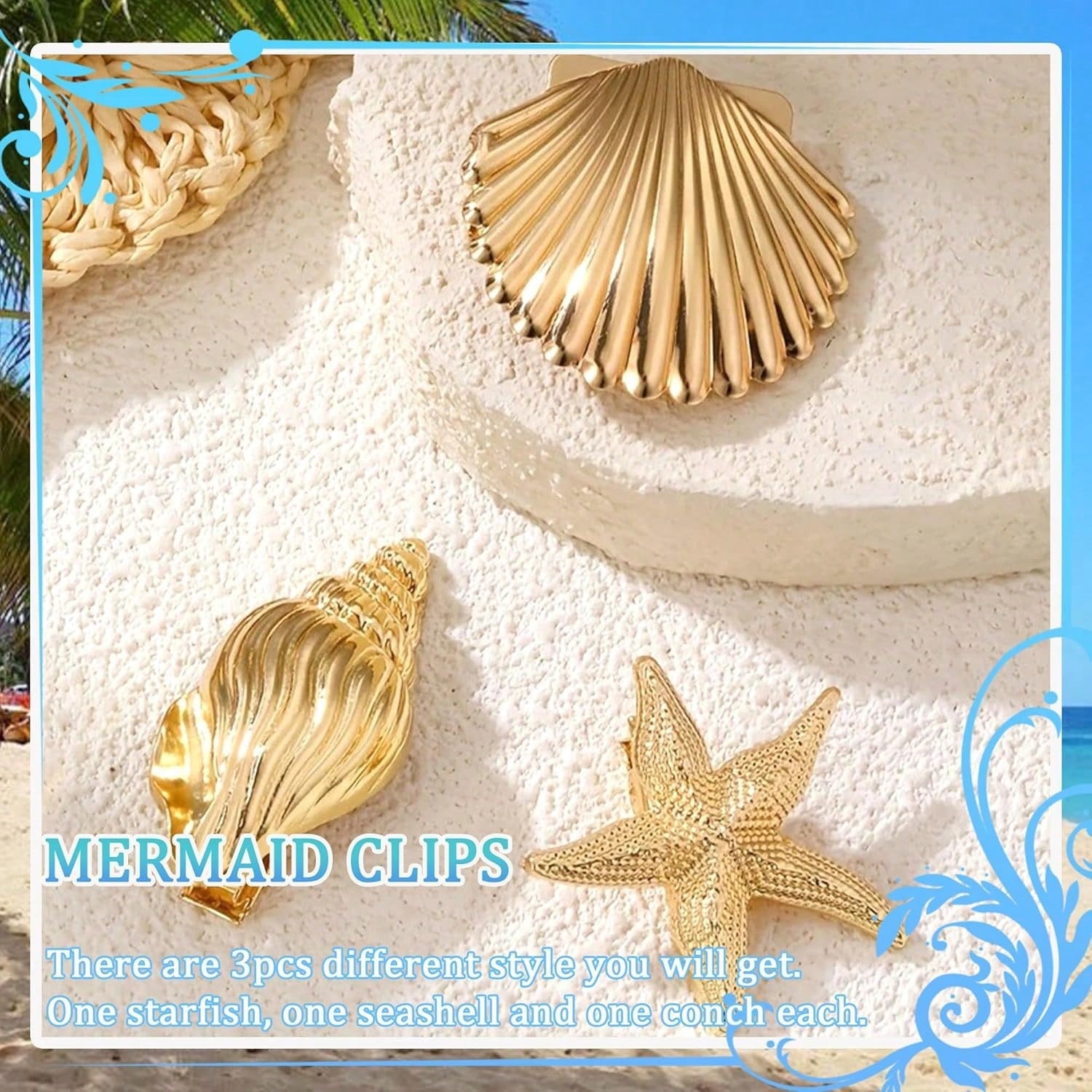 Gold Starfish & Seashell Hair Clips, Metal Mermaid Conch Alligator Clip, Summer Beach Hair Accessories For Women Girls, Wedding & Party Headpiece