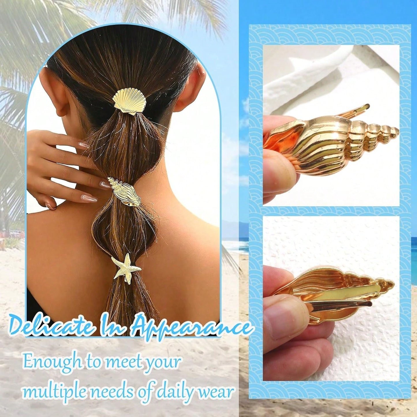 Gold Starfish & Seashell Hair Clips, Metal Mermaid Conch Alligator Clip, Summer Beach Hair Accessories For Women Girls, Wedding & Party Headpiece
