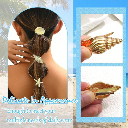 Gold Starfish & Seashell Hair Clips, Metal Mermaid Conch Alligator Clip, Summer Beach Hair Accessories For Women Girls, Wedding & Party Headpiece