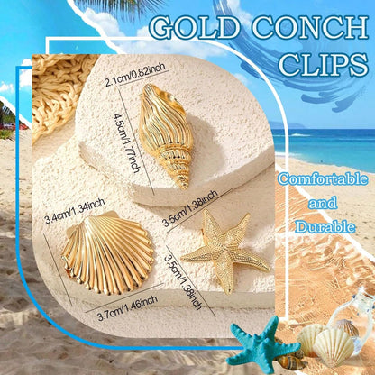 Gold Starfish & Seashell Hair Clips, Metal Mermaid Conch Alligator Clip, Summer Beach Hair Accessories For Women Girls, Wedding & Party Headpiece
