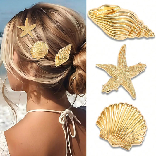 Gold Starfish & Seashell Hair Clips, Metal Mermaid Conch Alligator Clip, Summer Beach Hair Accessories For Women Girls, Wedding & Party Headpiece