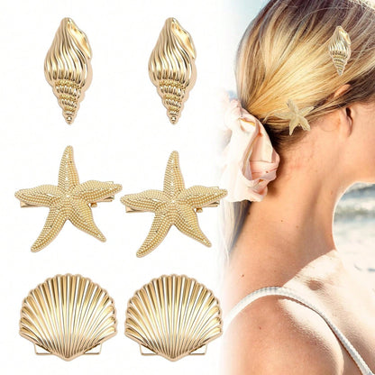 Gold Starfish & Seashell Hair Clips, Metal Mermaid Conch Alligator Clip, Summer Beach Hair Accessories For Women Girls, Wedding & Party Headpiece