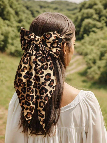 1pc Oversized Leopard Print Bow Hair Clip For Women, Extra Large French Barrette With Long Tail, Retro Cheetah Animal Print Ribbon Bow Hair Accessory For Ponytail, Hair Accessories For Women, Head Accessories, Hairpin