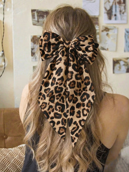 1pc Oversized Leopard Print Bow Hair Clip For Women, Extra Large French Barrette With Long Tail, Retro Cheetah Animal Print Ribbon Bow Hair Accessory For Ponytail, Hair Accessories For Women, Head Accessories, Hairpin